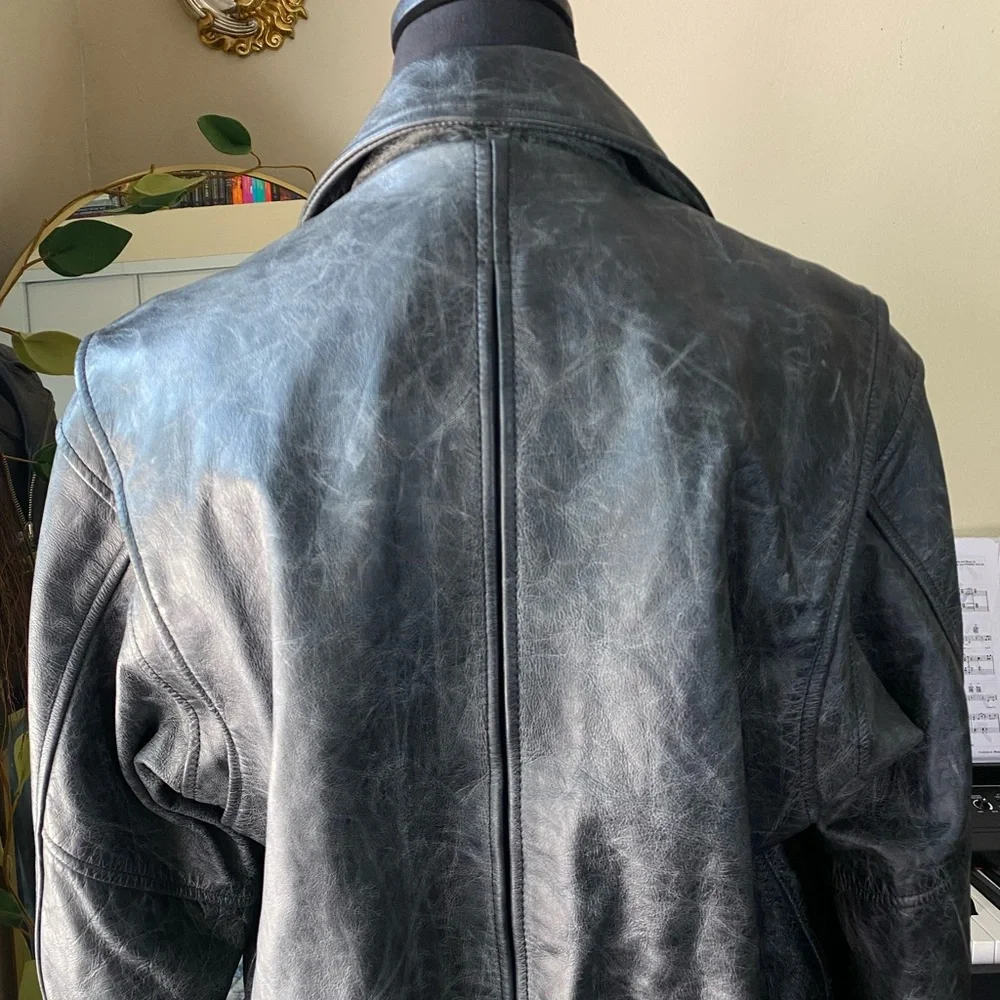 Womens distressed Harley Davidson leather moto jacket corset belt grey marled l - Picture 10 of 16